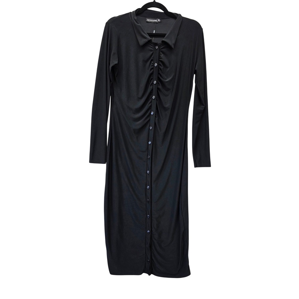 PrettyLittleThing Black Ruched Button Down Maxi Shirt Dress Long Sleeve Size 12